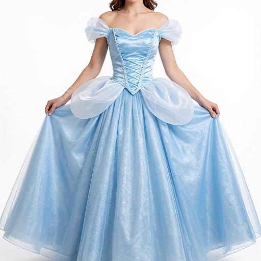 Photograph of a woman wearing a light blue, off-the-shoulder, satin princess gown with white puffed sleeves and a corseted bod