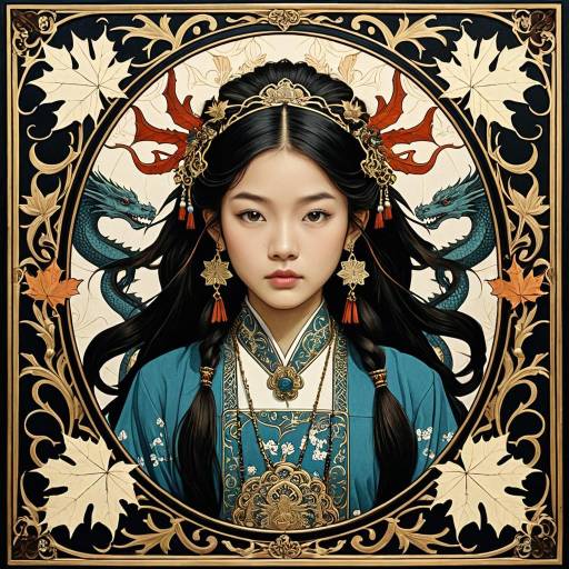 Oriental Young Girl with Dragons and Art Nouveau Frame