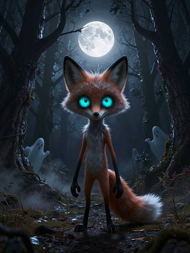 Digital illustration of a glowing blue-eyed, anthropomorphic fox with red and white fur standing in a dark, eerie forest under a full moon, surrounded by