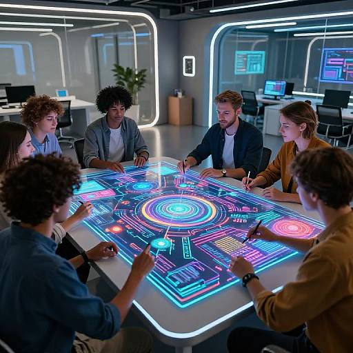 Photograph of diverse group of seven people, both men and women, sitting around a glowing, neon-lit holographic table in a modern, illuminated