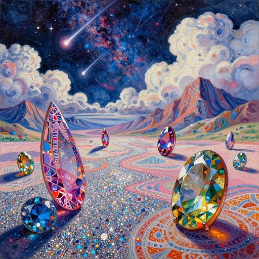 Vibrant digital artwork of sparkling, multicolored gemstones on a glittery path, with cosmic mountains, stars, and clouds in a surreal