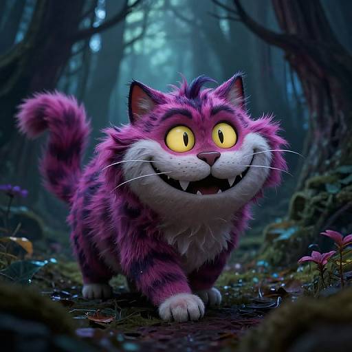 Digital CGI of a fluffy, pink and purple striped cat with glowing yellow eyes and sharp teeth, walking through a dark, misty forest with mushrooms and