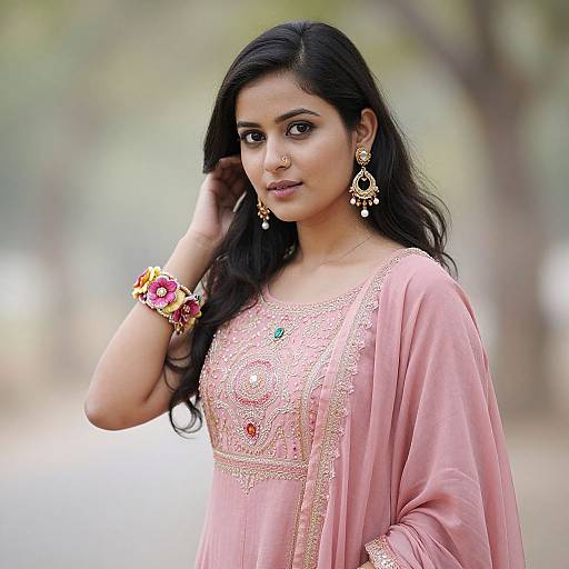 Photograph of a beautiful Indian woman with long black hair, wearing a pink traditional saree with gold embroidery, colorful bangles, and intricate gold earrings