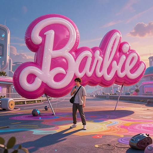 Photograph of a person standing in front of a large pink and white 