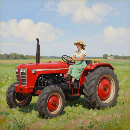 Photograph of a young woman in a white shirt and green skirt, wearing a straw hat, sitting on a bright red tractor in a lush green field