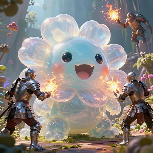 Digital art of two armored knights fighting a glowing, transparent, flower-like creature with large eyes and an open mouth, surrounded by a vibrant, magical forest