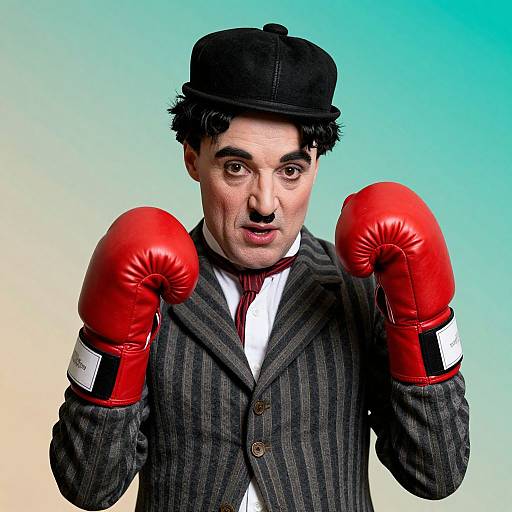 Photograph of a white man in a black pinstripe suit, red boxing gloves, black bowler hat, red tie, against gradient blue background