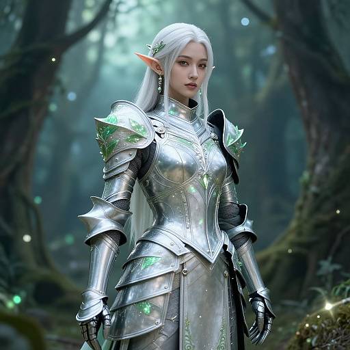 Digital artwork of a white-haired elven woman in shining silver armor with green accents, standing in a mystical forest.