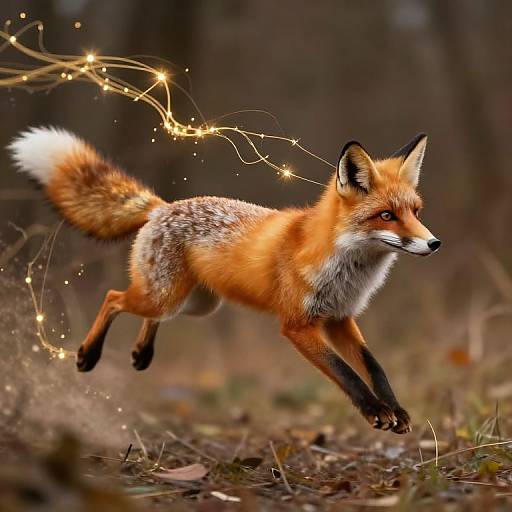 Photograph of a vibrant red fox running through a forest, with glowing, magical golden sparkles trailing behind its motion.