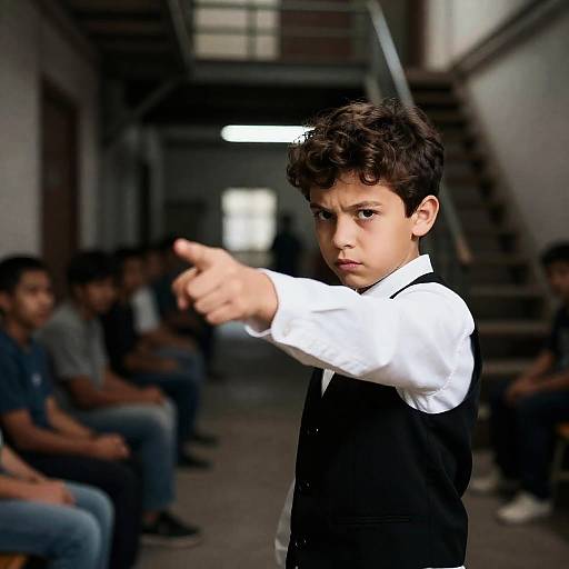 Intense Young Boy in Industrial Setting