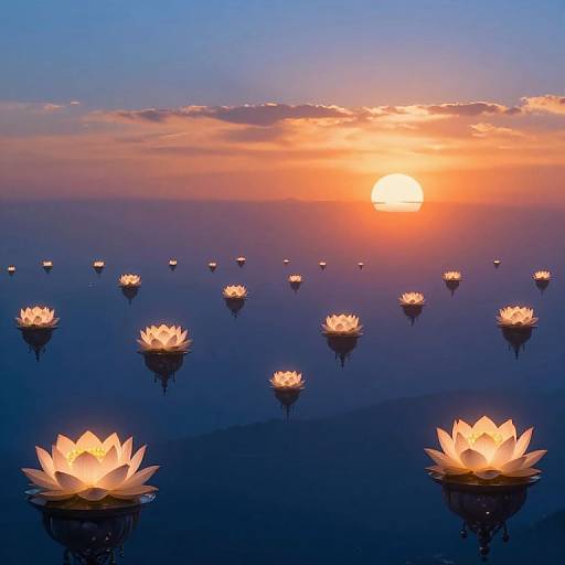 Photograph of glowing lotus flowers floating in a calm, dark blue lake at sunset, with a golden sun and orange sky.