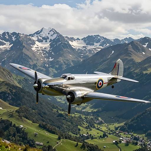 Vintage WWII Military Aircraft Over Alps