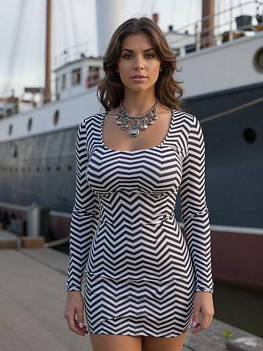 Photograph of a brunette woman with wavy hair, wearing a black-and-white zigzag dress, statement necklace, standing in front of a docked