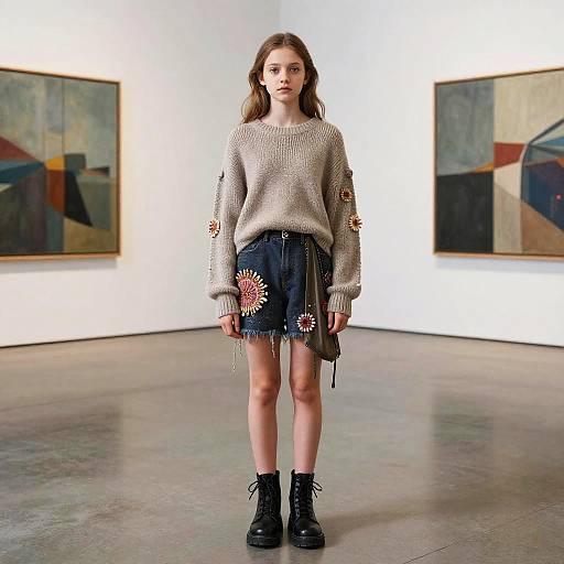 Teenage Girl in Experimental Knitwear in Art Gallery