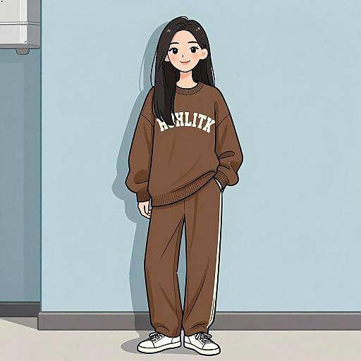 Digital illustration of a young woman with long black hair, wearing a brown 