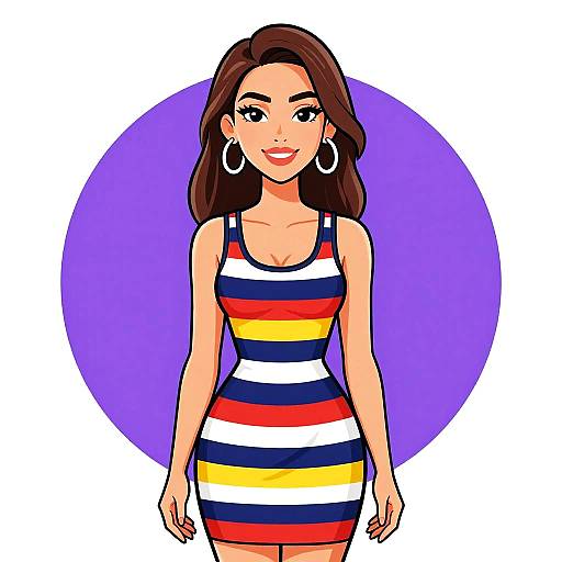 Digital illustration of a smiling woman with long brown hair, wearing a striped dress with red, yellow, white, and blue bands, large silver hoop earrings