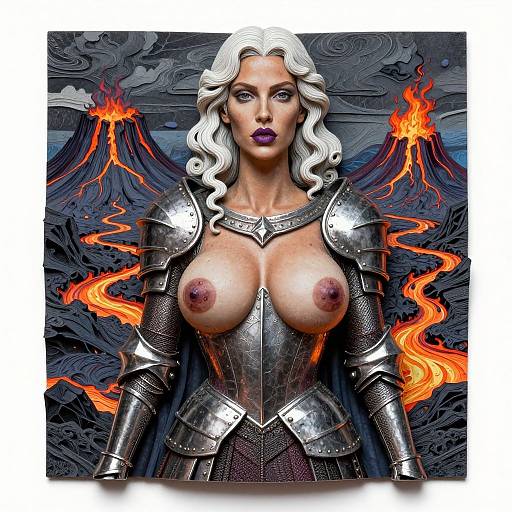 Digital art: Topless, white-haired woman in silver armor with exposed breasts, fiery lava mountains in background, flames on shoulders. Intense gaze.