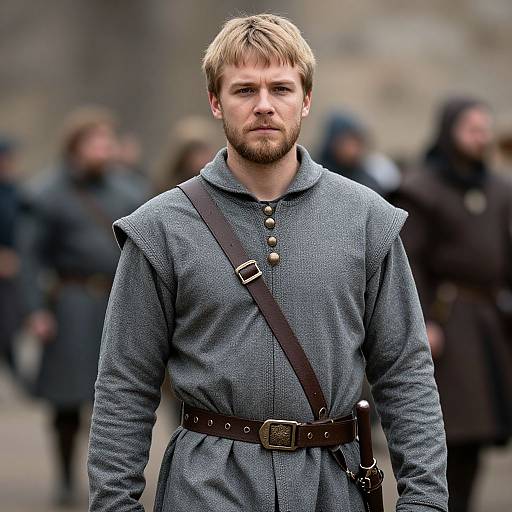 Photograph of a serious, blonde, bearded man in medieval-style grey tunic with brown belt and strap, surrounded by blurred, hooded figures