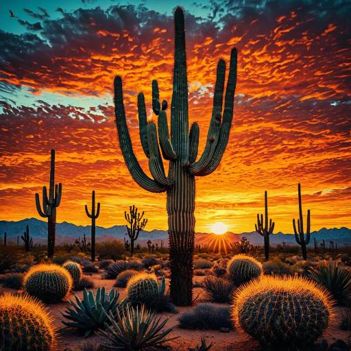 Desert Cacti at Fiery Sunrise