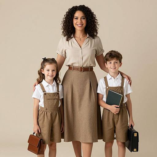 Photograph of a smiling curly-haired woman in beige blouse and skirt, flanked by two children in brown pinafores and white shirts.