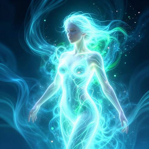 Digital artwork of a glowing, ethereal woman with flowing, neon blue and green lights, floating against a dark, starry background.