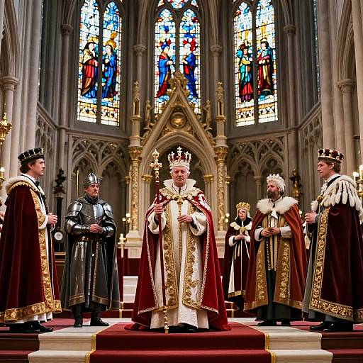 Photograph of a regal ceremony in a Gothic cathedral, featuring a crowned bishop in ornate robes, surrounded by bishops in black and red ecclesi