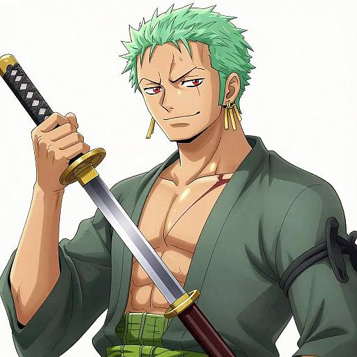 Anime-style digital drawing of a muscular man with green spiky hair, holding a katana, wearing a dark green kimono, and gold earrings,