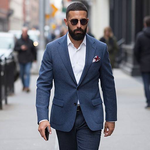 Photograph of a bearded man with dark skin, wearing sunglasses, a blue suit, white shirt, and patterned pocket square, walking confidently on
