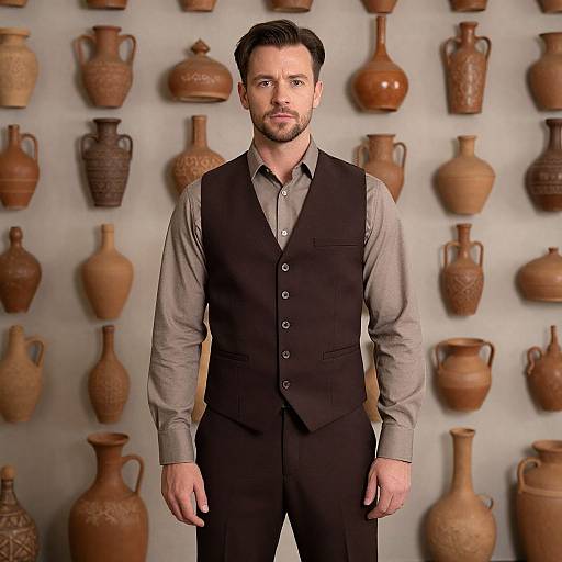 Photograph of a handsome, bearded man with short dark hair, wearing a black vest over a gray shirt, standing in front of a wall of