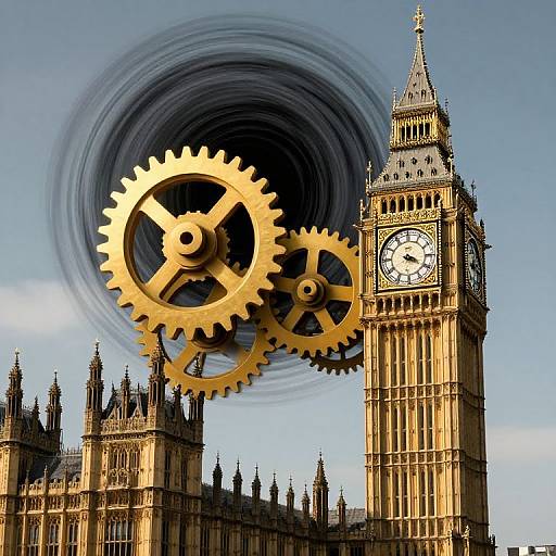 Digital artwork of golden gears spinning above Big Ben clock tower against a clear blue sky, blending clockwork and historic architecture.