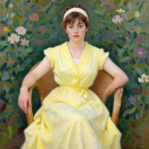 Impressionist painting of a fair-skinned woman with dark brown hair, wearing a yellow dress, white headband, seated in a wicker chair