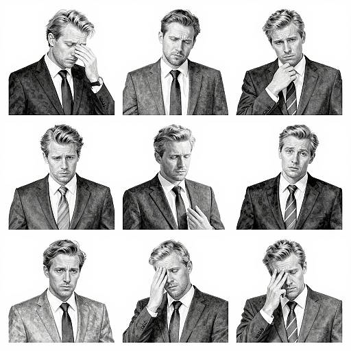 Black-and-white sketch of eight variations of a serious, blonde-haired man in a suit, each with different hand gestures and expressions.