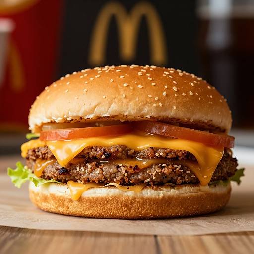 Photograph of a juicy, double-patty cheeseburger with sesame seed bun, melted cheese, lettuce, and tomato, on a wooden table. Background