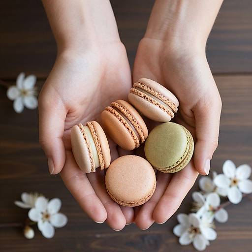 Hands Holding Macarons and Blossoms