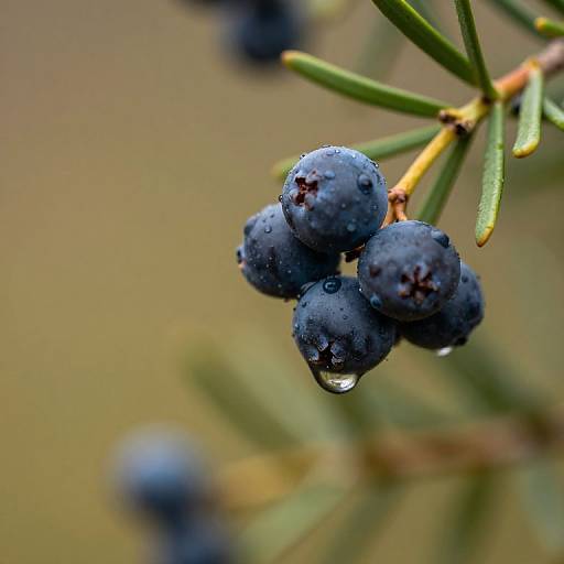 Close-up photograph of dark blue berries with water droplets on green pine needles, set against a blurred, earthy brown background.