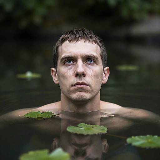 Serious Man in Pond Surrounded by Nature