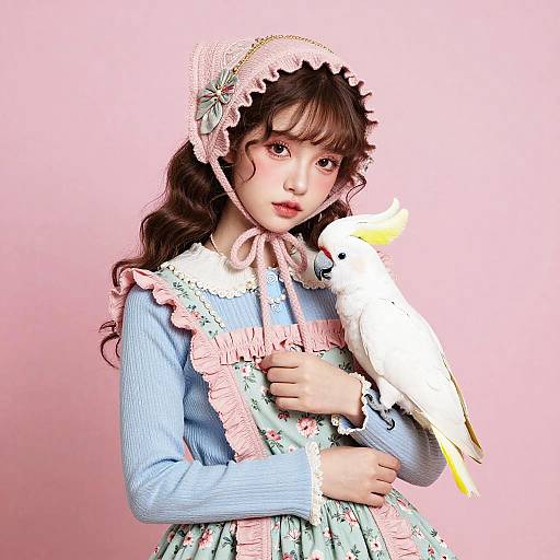 Vintage Doll-Inspired Woman with Cockatoo