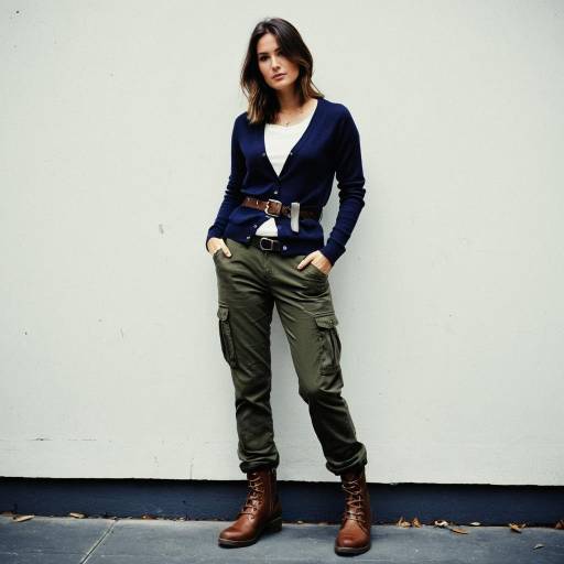 Casual Woman in Navy Cardigan and Olive Cargo Pants