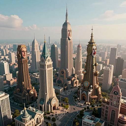 Digital art depicting a futuristic cityscape with clock towers on skyscrapers, blending Art Deco and modern architectural styles, under a bright blue sky.