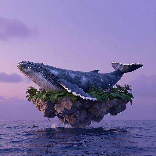Digital artwork of a giant whale with white speckles, floating on a rocky island adorned with palm trees, above calm ocean waters under a pastel