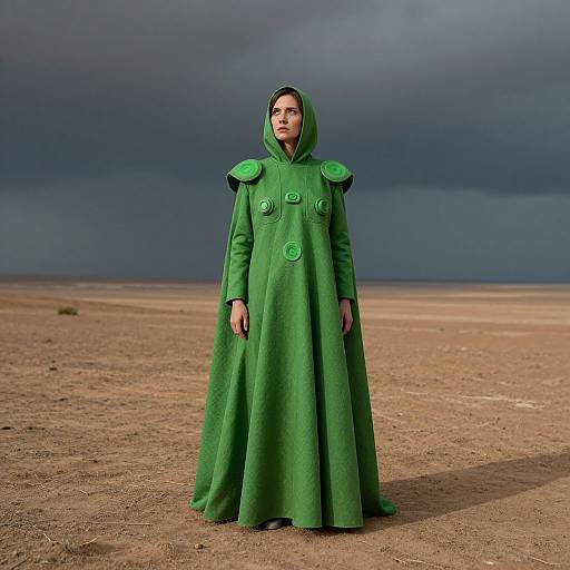 Photograph of a woman in a vibrant green, hooded, cloak-like dress with shoulder pads, standing in a desolate, sandy desert under a