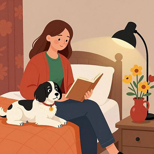 Woman Reading Book with Dog on Bed