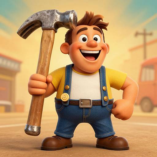 Cartoon-style 3D character of a smiling, chubby man with brown hair, yellow shirt, blue overalls, holding a wooden-handled hammer