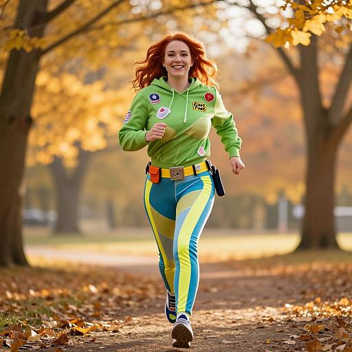 Energetic Woman in Superhero Running Outfit