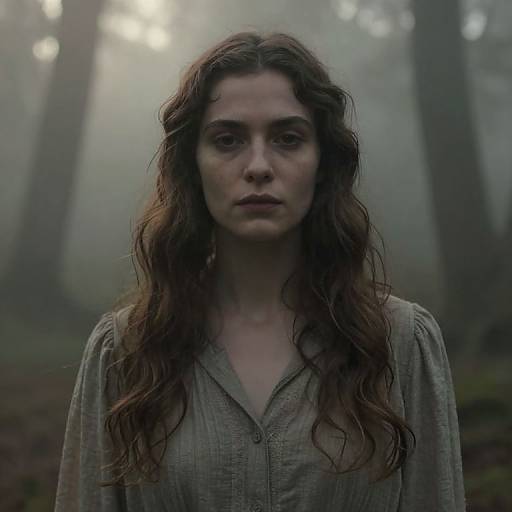 Photograph of a serious young woman with long, wavy brown hair, wearing a gray, buttoned shirt, standing in a foggy forest.
