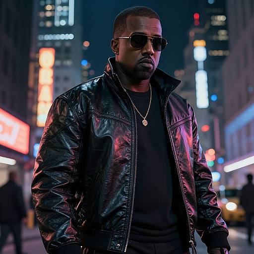 Photograph of a black man in a black leather jacket, black shirt, and sunglasses, standing in a neon-lit city street at night, with