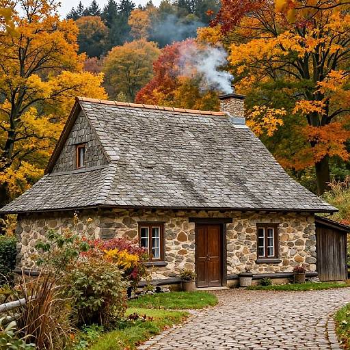 Photograph of a rustic stone cottage with a grey shingled roof, wood door, and windows, surrounded by vibrant autumn foliage and a cobble