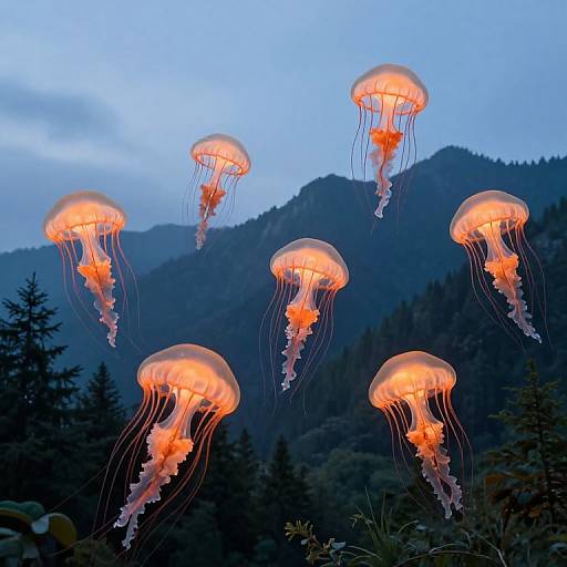 Glowing Jellyfish Over Mountain Peaks