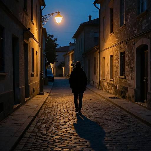 Photograph of a silhouetted person walking down a cobblestone alley at dusk, illuminated by a glowing streetlamp, with warm yellow lights