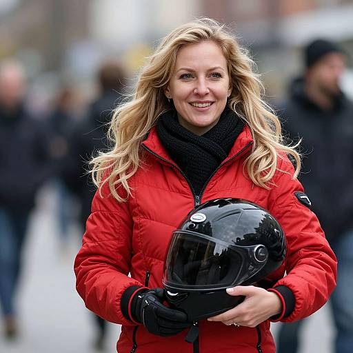 Photograph of a smiling blonde woman with wavy hair, wearing a red puffer jacket and black scarf, holding a black helmet, standing in a
